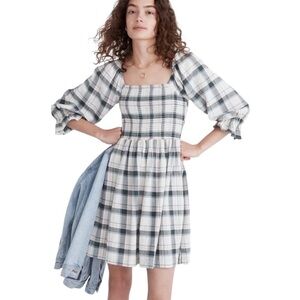 NWT Madewell Cotton Flannel Lucie Smocked Mini Dress in Lebaum Plaid Size XS